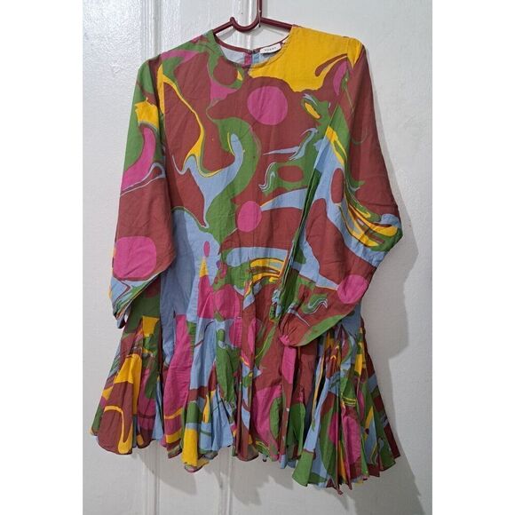 Rhode Resort Flare Mini Dress Womens Small Green Pink Watercolor Floral Artist - Picture 3 of 8